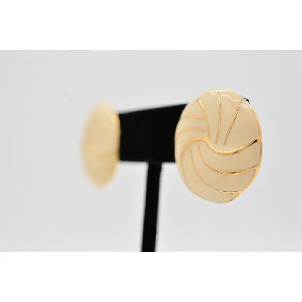 Napier Vintage Round Earrings Off White Enamel Stud Gold Tone Signed 1980s 9L